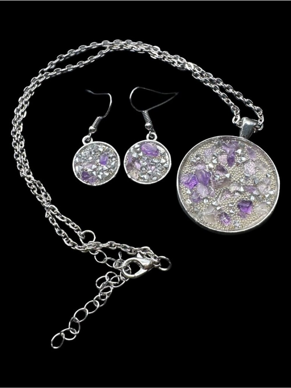Amethyst Pendant Necklace Dangle Earrings Set Silver Tone Purple Womens NWOT